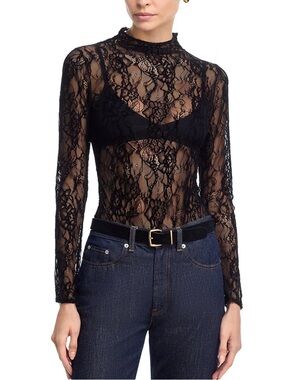 Good American Black Lace Sheer Long-Sleeve Top